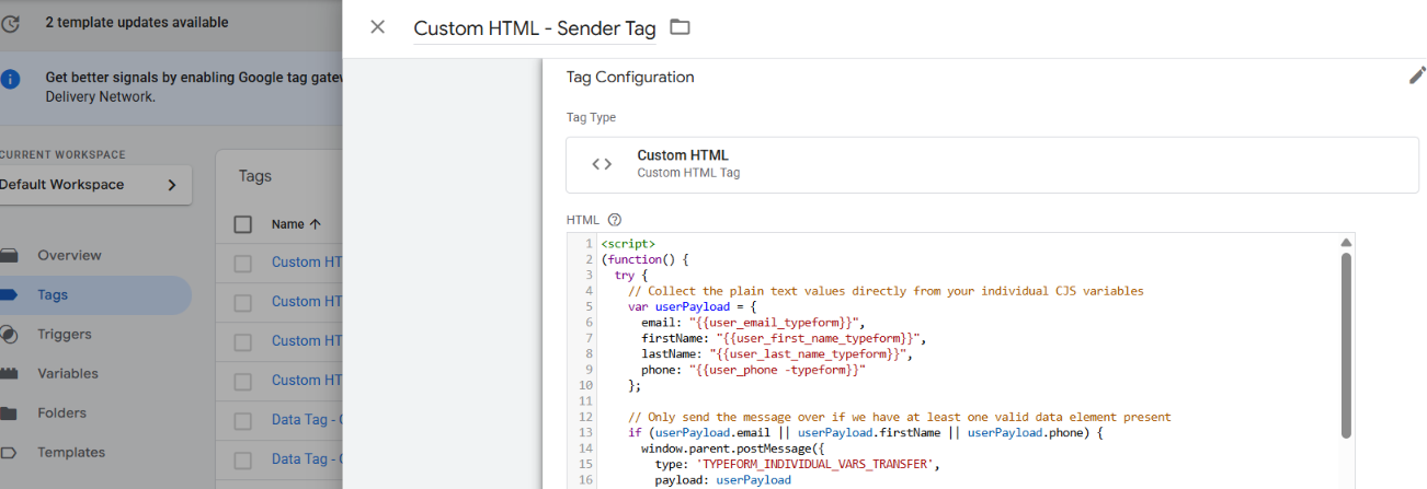 Screenshot of google tag manager Sender Tag