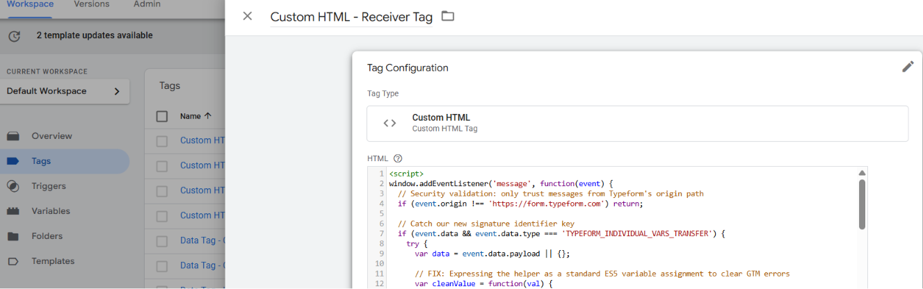Screenshot of google tag manager Receiver Tag